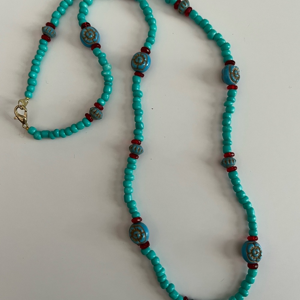 21” Turquoise and Red Beaded Necklace
